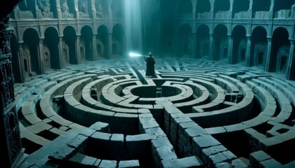 An enigmatic figure stands at the center of an ancient, intricate labyrinth, bathed in a celestial light that pierces the historical architecture.. AI Generation