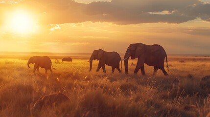 The sun sets over the African savanna, casting a golden glow on the elephants as they graze on the long grass.