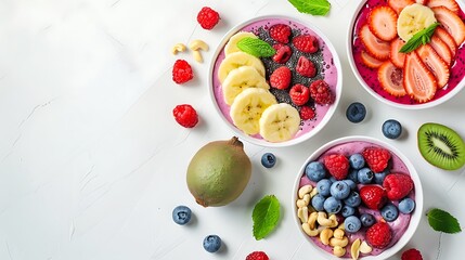 Top view of healthy breakfast smoothie bowls with fresh berries, fruits and nuts.