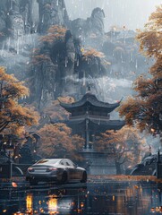 A gray car parked in front of an ancient building, surrounded by dark mountains and misty raindrops, with golden trees. The scene is captured from the side perspective, creating a cinematic feel with 