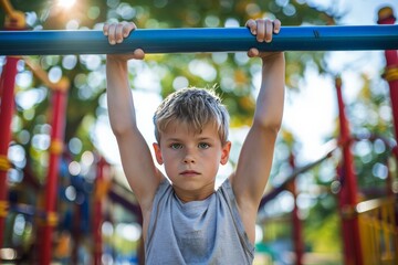 Fototapeta premium Blonde boy holding onto a playground bar with sun rays illuminating his face and background