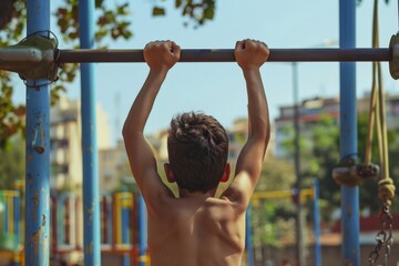 Obraz premium A young boy's back is displayed as he holds onto the monkey bars with strength and focus in an outdoor park setting