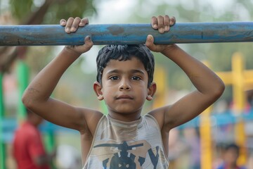 Fototapeta premium Young boy hanging from a blue bar in a playground with other children and trees in the background
