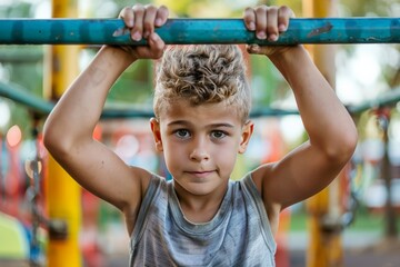 Obraz premium Determined young boy gripping a playground bar tightly with focused expression on his face