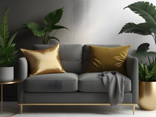 Urban jungle style living room with gray sofa, golden lamp and palms, classic style, luxurious, 3D Render