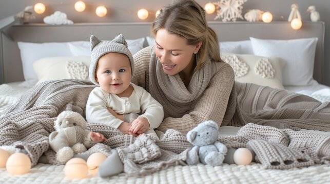 Joyful bonding  young mother giggling with three month old baby on bed with plush toys and blankets