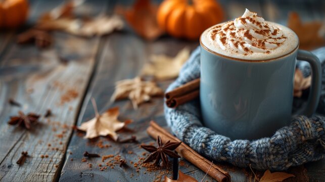 autumn coffee scene, a pumpkin spice latte sits on a wooden table with cinnamon sticks and autumn leaves, evoking a cozy fall vibe