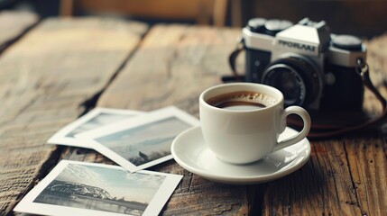 Vacation memories photos camera Polaroid and a cup of coffee on wodden desk Travel concept