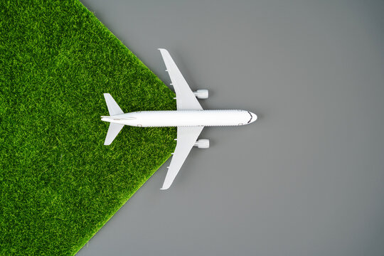 A airliner plane spreads green grass. Transition to environmentally friendly fuels, electric traction. Technological innovations. Concept of environmental friendliness and clean emissions.