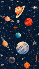 background with cosmic motifs: stars, planets and galaxies on a dark blue background