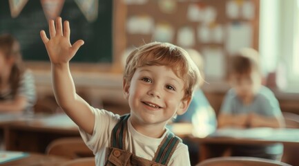 Children raise their hands to answer in the classroom. Back To School concept. Backdrop with selective focus