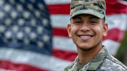 Smiling young soldier in uniform standing in front of American flag, representing patriotism and military service