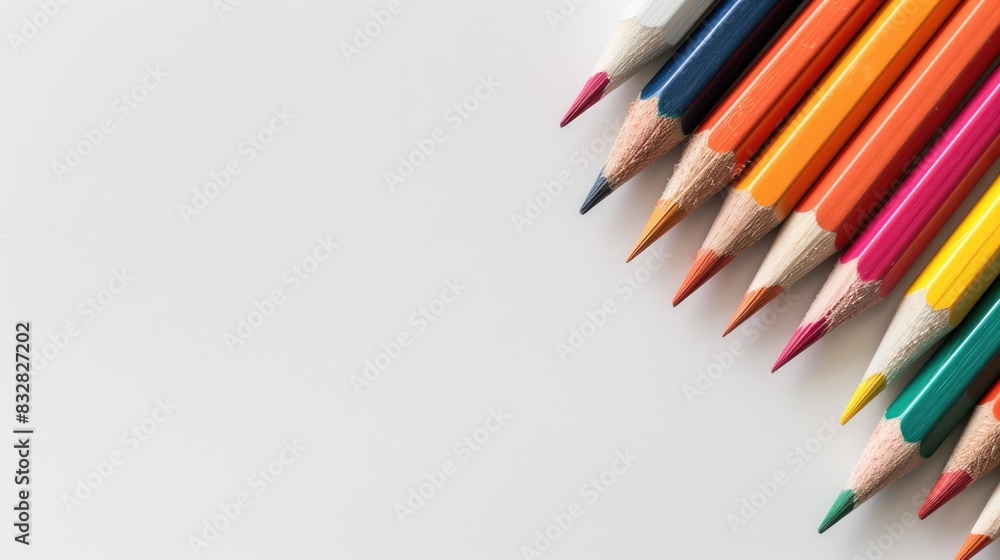 Poster colored pencils set on a plain white background with space for text