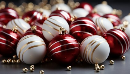 Obraz premium Red and white christmas baubles on black reflective background.