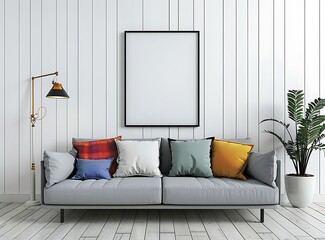 Living room interior with grey sofa, colorful pillows and white wall with poster frame on it