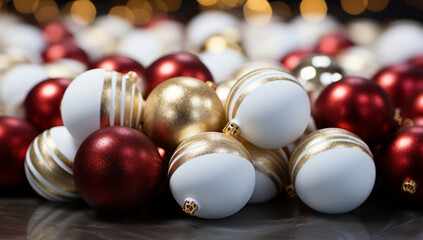 Naklejka premium Red and white christmas baubles on black reflective background.