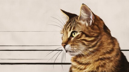 A pencil drawing of a striped cat, with
brown-orange fur, emphasizing its mustache and eyes.