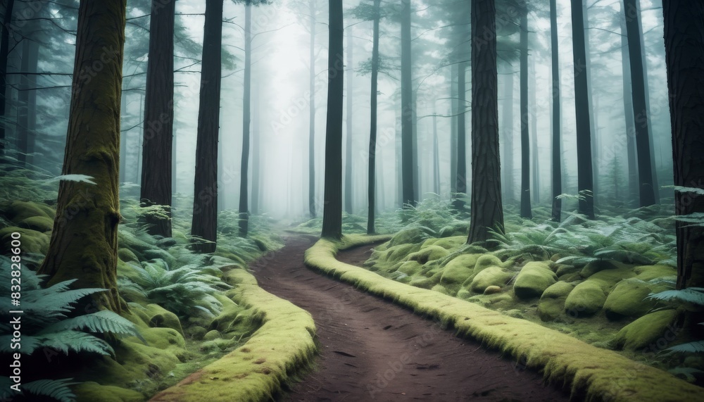 Poster a serene forest pathway surrounded by misty tall trees and a carpet of lush green ferns evokes a sen