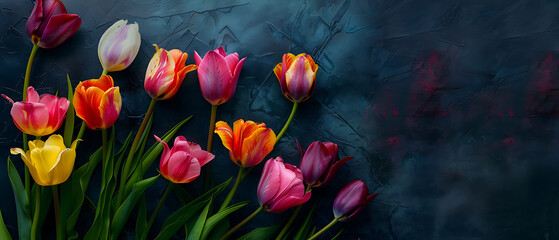 a captivating arrangement of colorful tulips on a dark surface. The tulips predominantly exhibit shades of pink, yellow, and orange, with subtle hints of purple and white