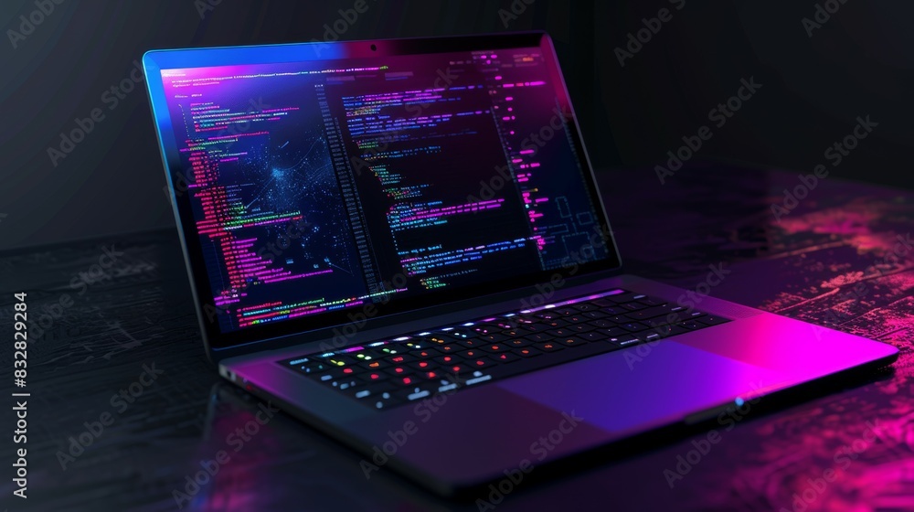 Poster modern laptop. background with selective focus and copy space