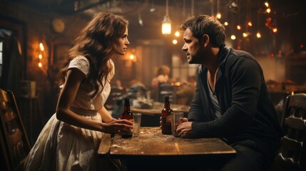 A man and woman are sitting at a wooden table in a dimly lit tavern with a vintage charm, both holding bottles of beer