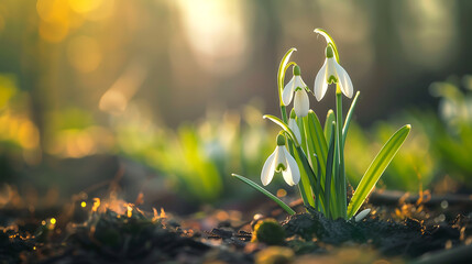 The close-up view of white bell-shaped flowers emerging from the ground, likely snowdrops, evokes a sense of early spring