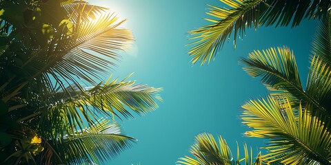 Bright and sunny day at the beach with palm trees. A relaxing vacation scene.
