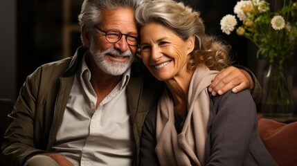 Loving older couple sharing a hug and smiles in a cozy indoor setting