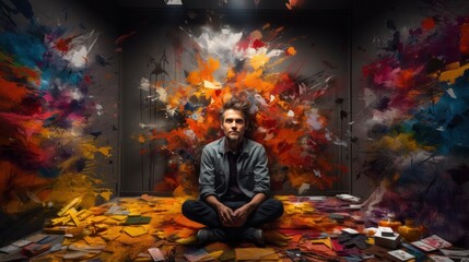 A man meditates amid a chaotic explosion of colorful paint splatters and scattered papers in a dark studio