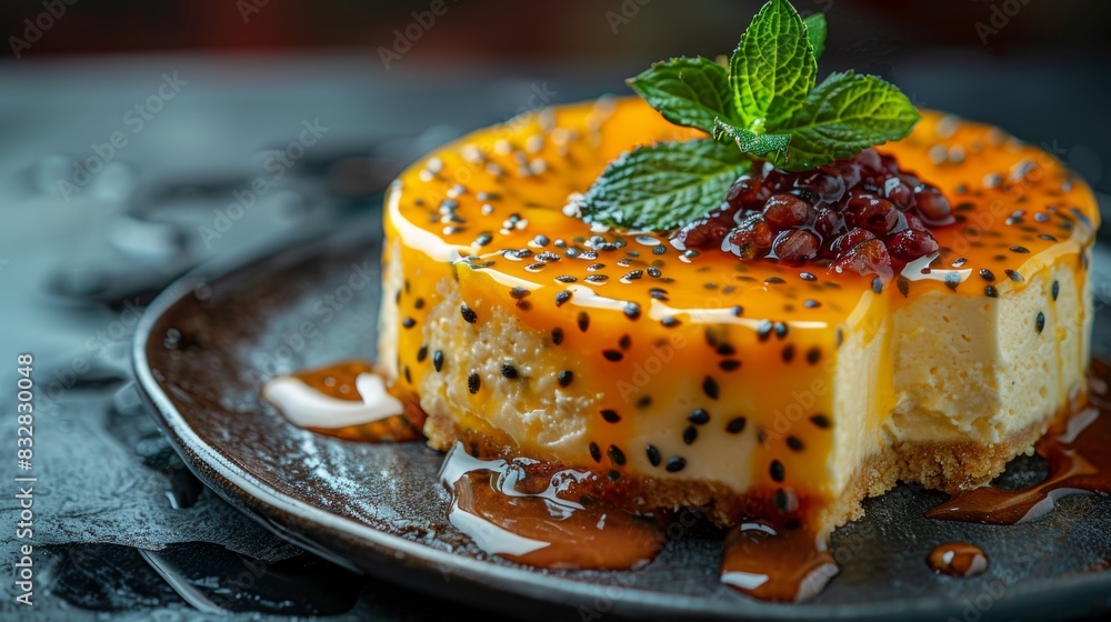 Poster passion fruit cheesecake with tangy sauce for an exotic dessert a delicious concept