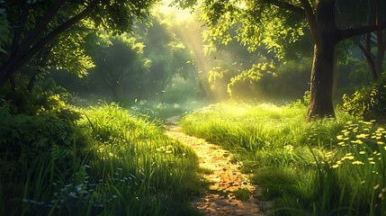 A narrow, winding dirt path cutting through a lush green field with tall grass on either side