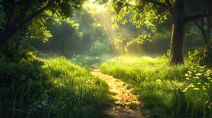 Fototapeta premium A narrow, winding dirt path cutting through a lush green field with tall grass on either side