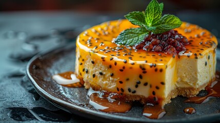 passion fruit cheesecake with tangy sauce for an exotic dessert a delicious concept