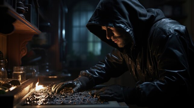 A mysterious person with a hood is scrutinizing various shiny jewels on a dimly lit desk, implying secrecy or illegal activity