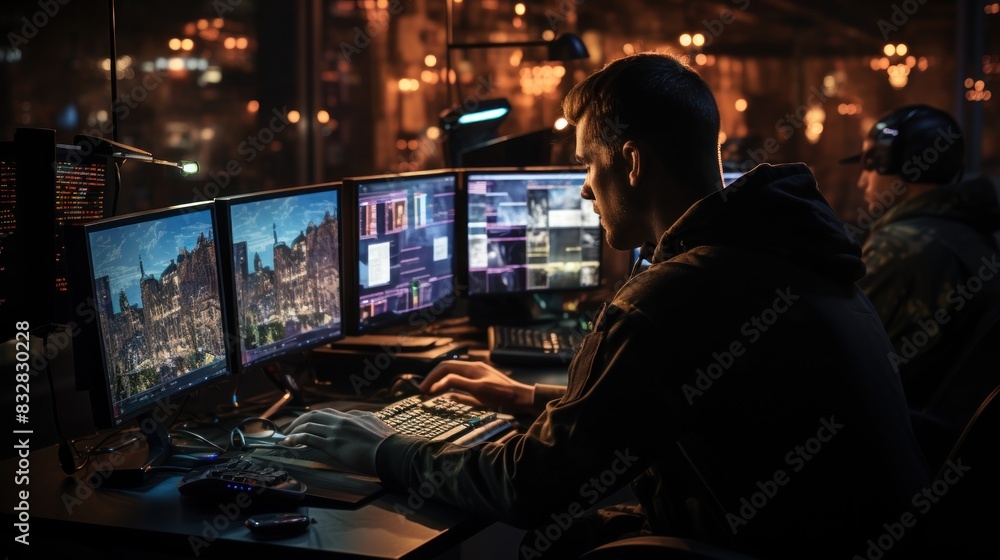 Poster a blurred individual focuses on multiple computer screens with cityscape backgrounds, implying a tec