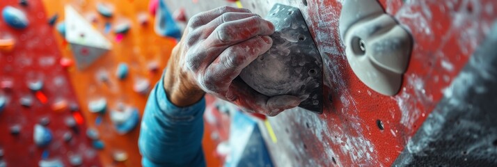 Determined climber s chalked hands gripping challenging hold   summer olympic games sport concept