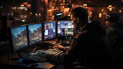 A blurred individual focuses on multiple computer screens with cityscape backgrounds, implying a tech or surveillance setting