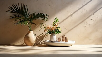 Sunlight streams across a home interior featuring natural decor elements, with a focus on warm,...