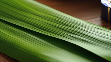 A green leaf with a brown background. The leaf is long and thin