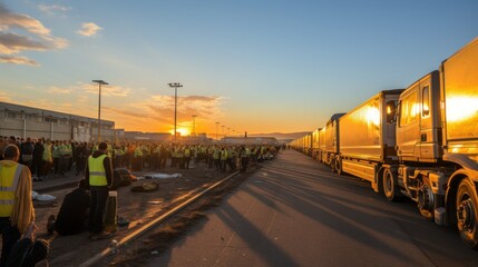Workers taking part in a transportation strike during a sunset, with large trucks parked in the background
