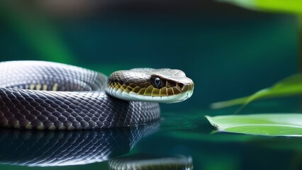 Obraz premium A green snake is laying on the water. The snake is looking at the camera. The water is calm and clear