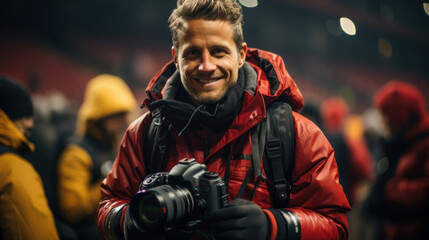 Obraz premium Joyful male photographer holding a camera, surrounded by a crowd at an event, displaying his passion and readiness