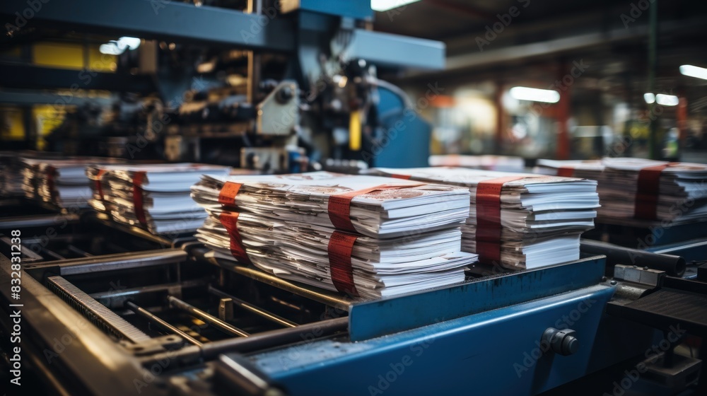 Poster conveyer system moving stacks of newspapers in a high-speed printing press environment