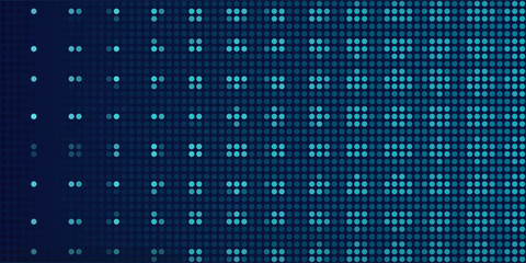 On the left is the owl symbol filled with white dots. Pointillism style. Abstract futuristic frame of dots and circles. Some dots is red. Vector illustration on blue