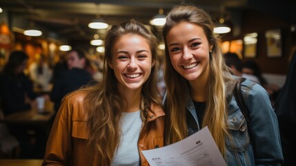 Two cheerful young women with beaming smiles are holding a paper, with a crowded restaurant in the background