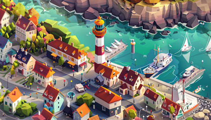 Isometric view of the coastal town with a lighthouse, marina and fishing houses