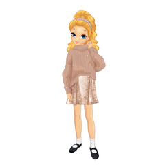Girl in beige sweater and shiny skirt