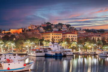 Twilight vista of mediterranean seaside town
