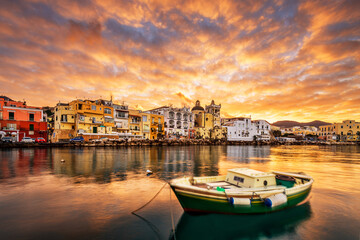 Sunset glow over mediterranean seaside town