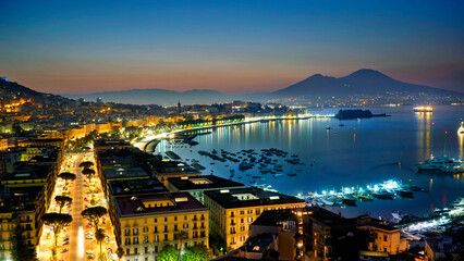 Twilight over naples bay with mount vesuvius